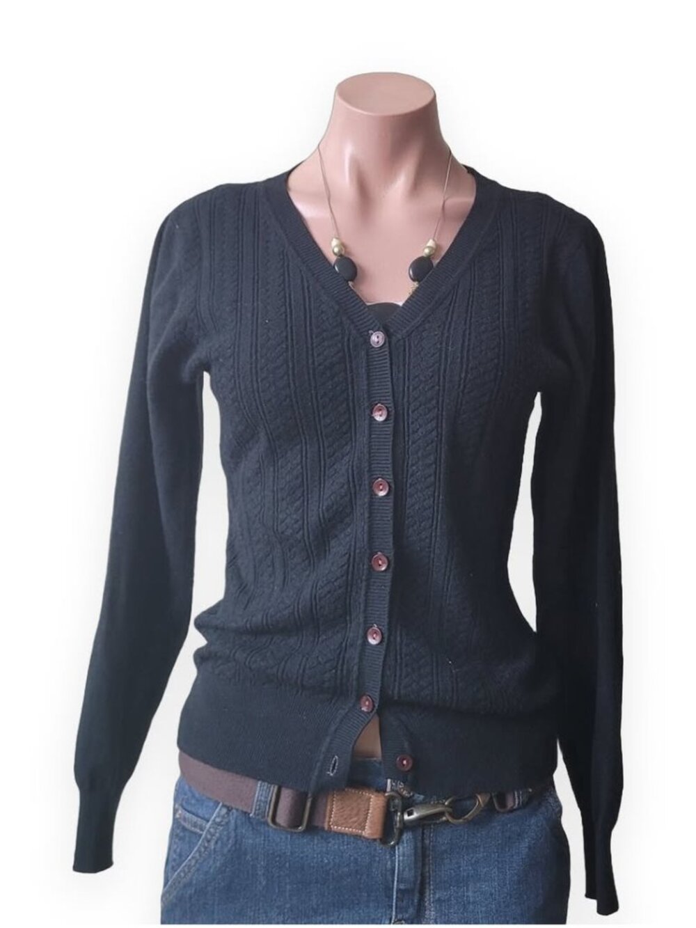 Vintage Black Slim Cable Knit Button Cardigan Sweater Top (M)
